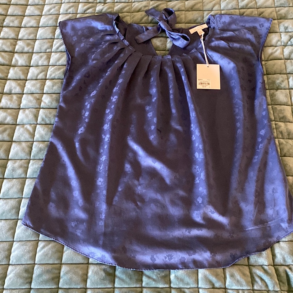 Lauren Conrad pleated neckline blue floral blouse spring 2022 collection